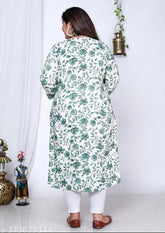 Green and white floral print plus size cotton straight kurta for women, three-quarter sleeves